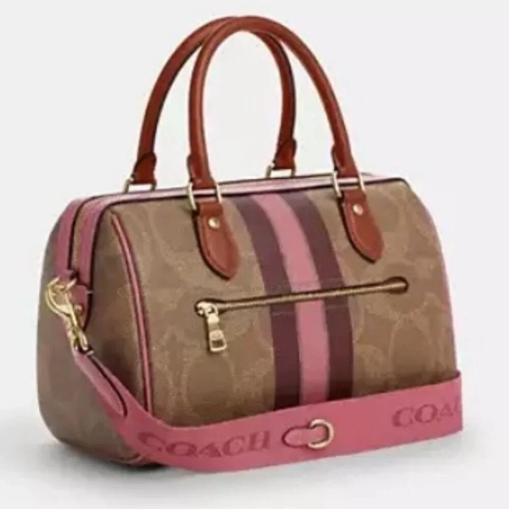 💕COACH💕 Rowan Satchel Bag ~ Signature Canvas Stripe Print Pink NWT